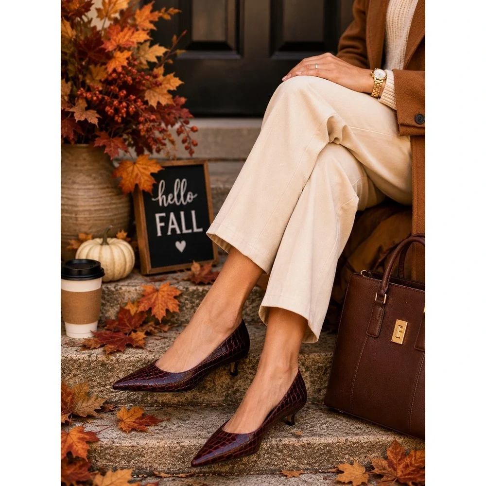Naturalizer Natalia Kitten Heel Pumps 10W Wide Burgundy Croc Leather NIB Comfort